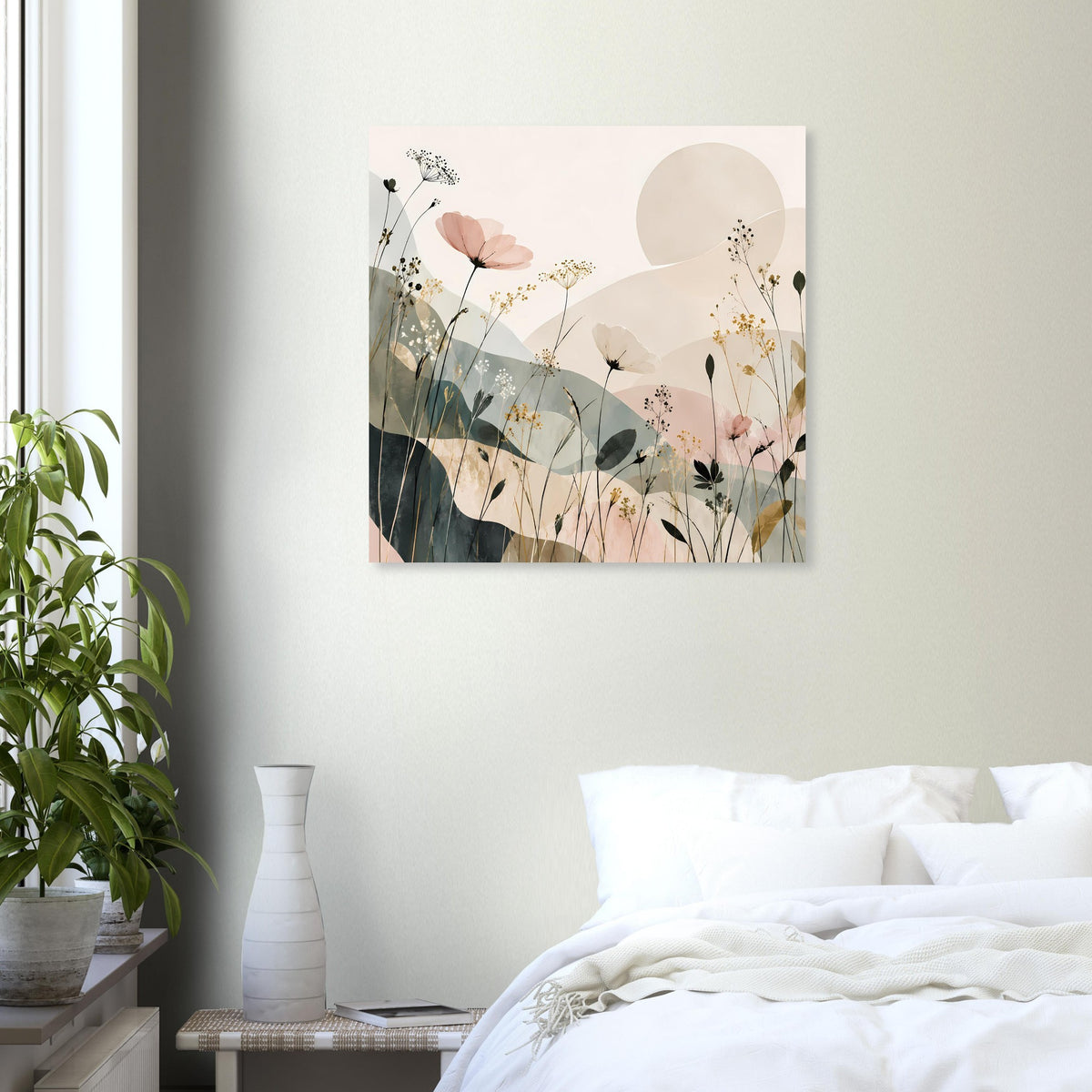 Abstraktes Blumenposter auf weißer Wand, rosa Blüten und beiger Kreis im Motiv