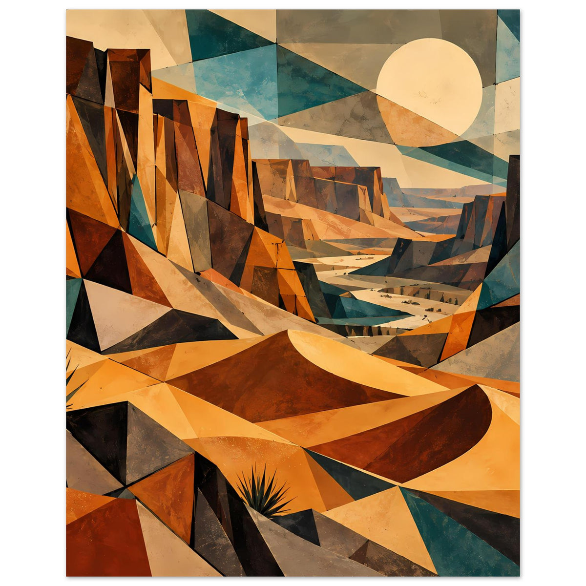 Poster mit geometrischer Wüstenlandschaft: Polygonberge in Orange, Braun und Petrol