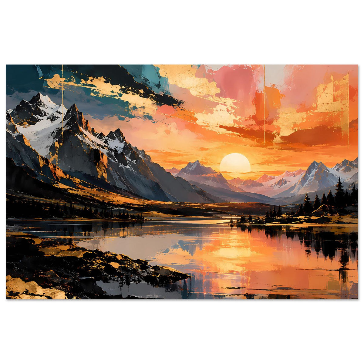 Horizontales Poster der Berglandschaft bei Sonnenuntergang mit See und Felskante.