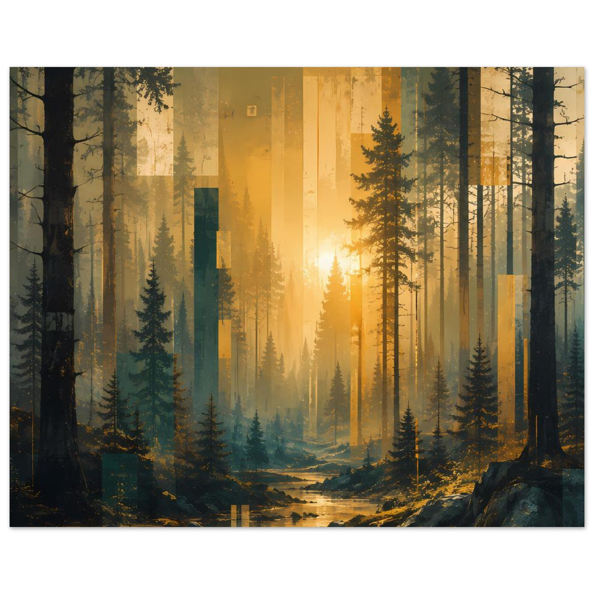 Wandposter Waldlandschaft mit goldenem Licht zwischen Tannen, Blick in den Nebel