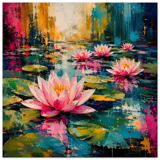 Blumenposter mit pinken Seerosen auf buntem Teich, abstraktes Farbspiel