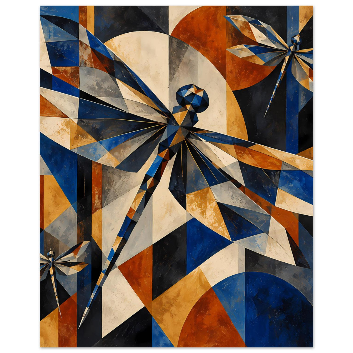 Kunstposter mit geometrischer Libelle aus Dreiecken in Blau, Kupfer und Dunkelblau