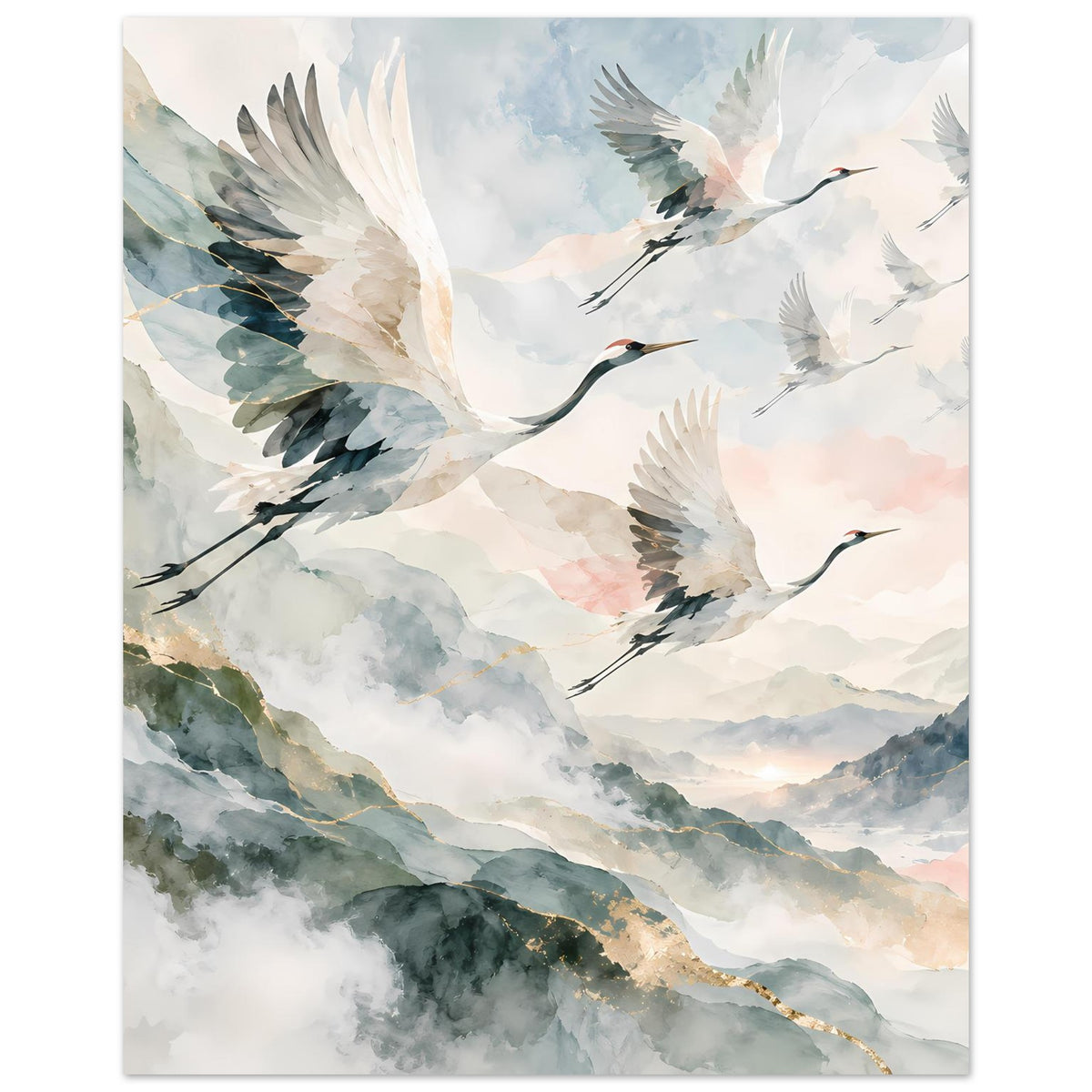 Hochformat-Poster mit fliegenden Kranichen in sanften Aquarelltönen und Goldakzenten