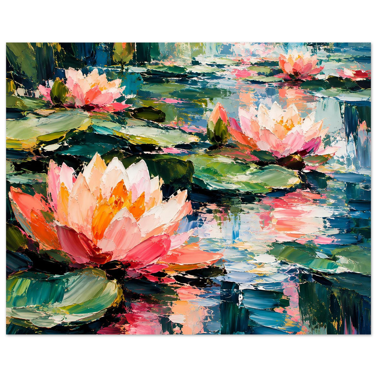 Poster mit Seerosen und Wasserreflexen, impressionistischer Stil in Rosa, Grün, Blau