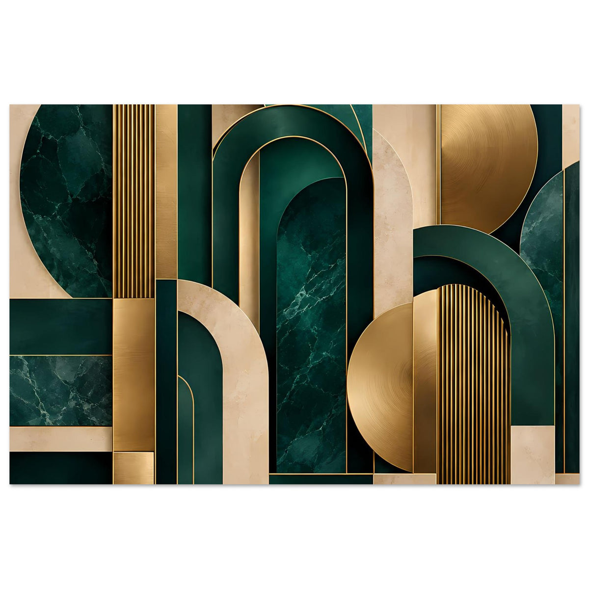 Art-Deco-Poster mit goldenen Rundformen, dunkelgrünen Rahmen und marmoriert wirkenden Streifen