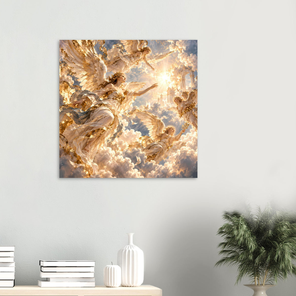 Kleines Engelbild auf Premium-Mattposter in Gold, Flügel und Wolken im Sonnenlicht