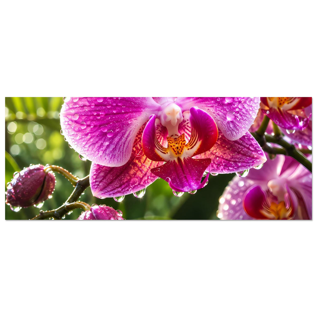 Horizontales Poster: pinke Orchideenblüten mit Wassertropfen, Nahaufnahme
