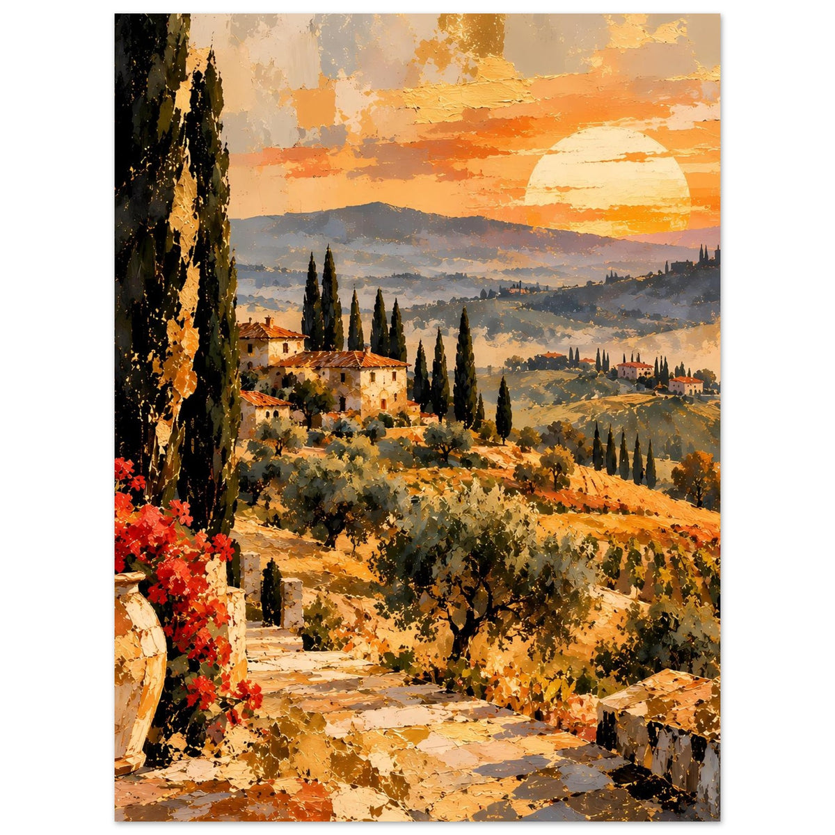 Poster mit toskanischem Ausblick: Dorf im Tal, Zypressenreihe und Sonnenuntergang