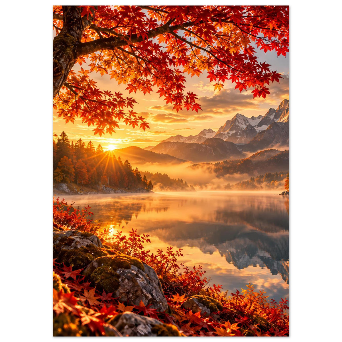 Herbstliches Sonnenaufgangs-Poster: rotes Ahornlaub, Nebel über Wiesen und Berge am Horizont