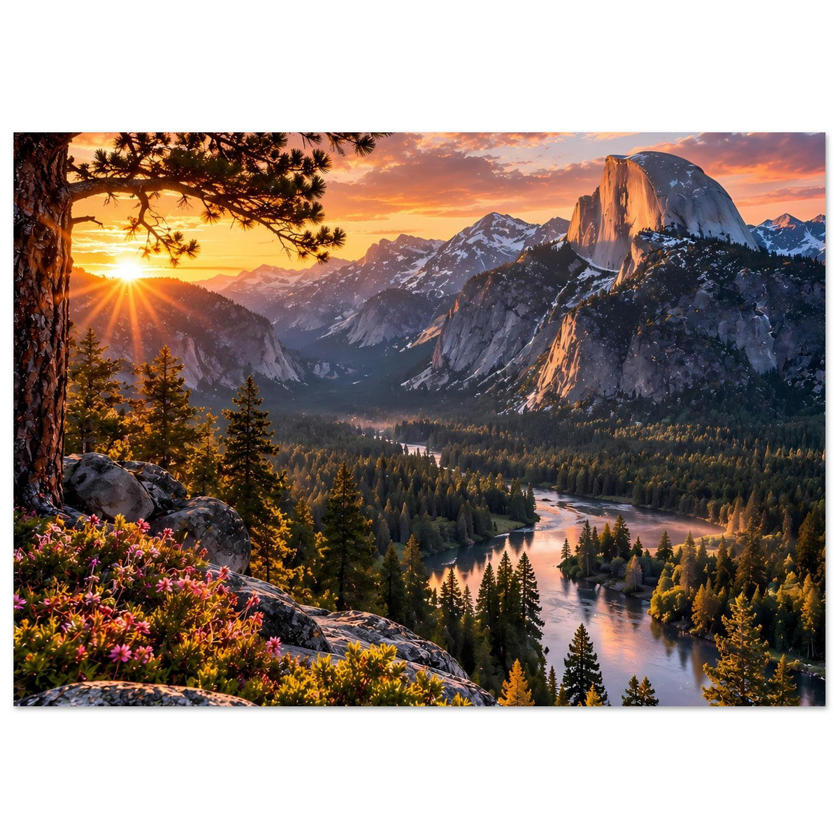 Landschaftsposter mit Sonnenuntergang, Berggipfeln, Waldtal und reflektierendem Fluss
