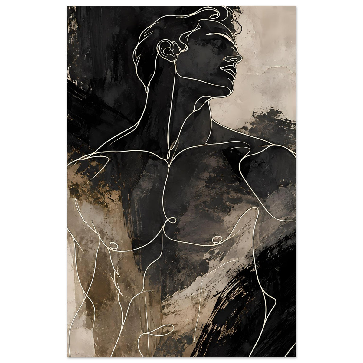 Abstraktes Poster im Hochformat: männliche Kontur-Silhouette, schwarz-beige Kontraste, weiße Linien