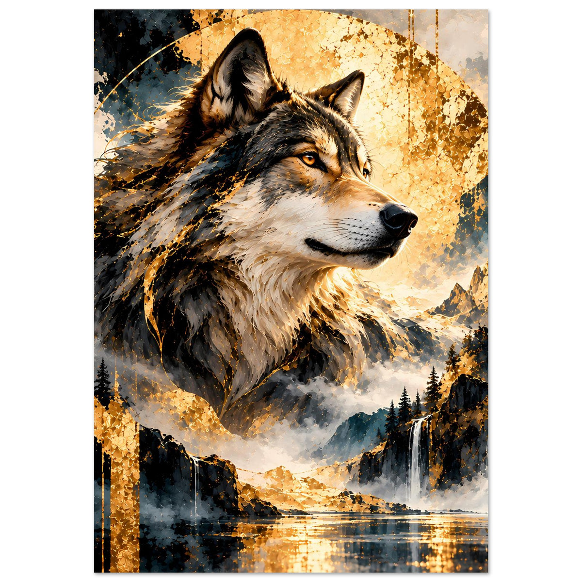 Wolf-Artposter: großer Wolf mit goldenem Glanz-Sprenkel und Berglandschaft