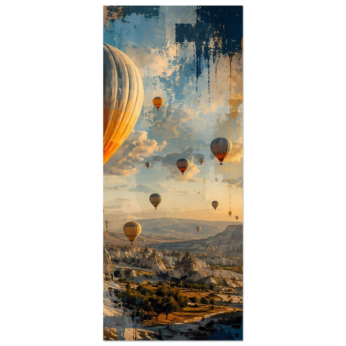 Posterdruck hochkant: Heißluftballons am Himmel über einer weiten Berglandschaft