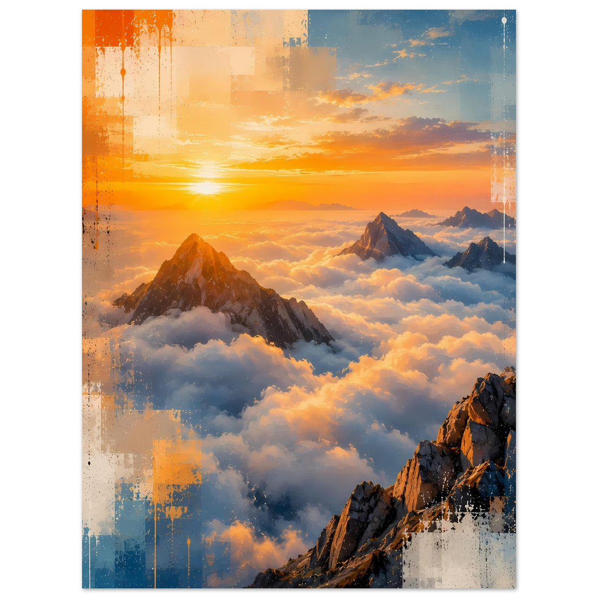 Poster mit Sonnenuntergang über Berggipfeln und Wolken, abstraktes Farb-Patchwork, hochkant