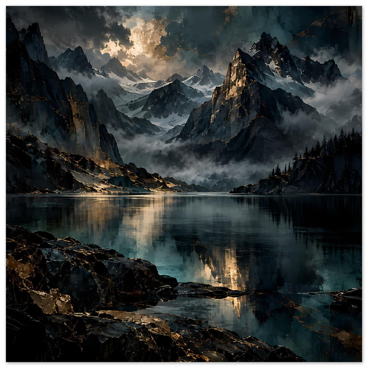 Poster mit Bergsee bei Dämmerung, Felsenküste vorn, leuchtende Wolken über den Gipfeln