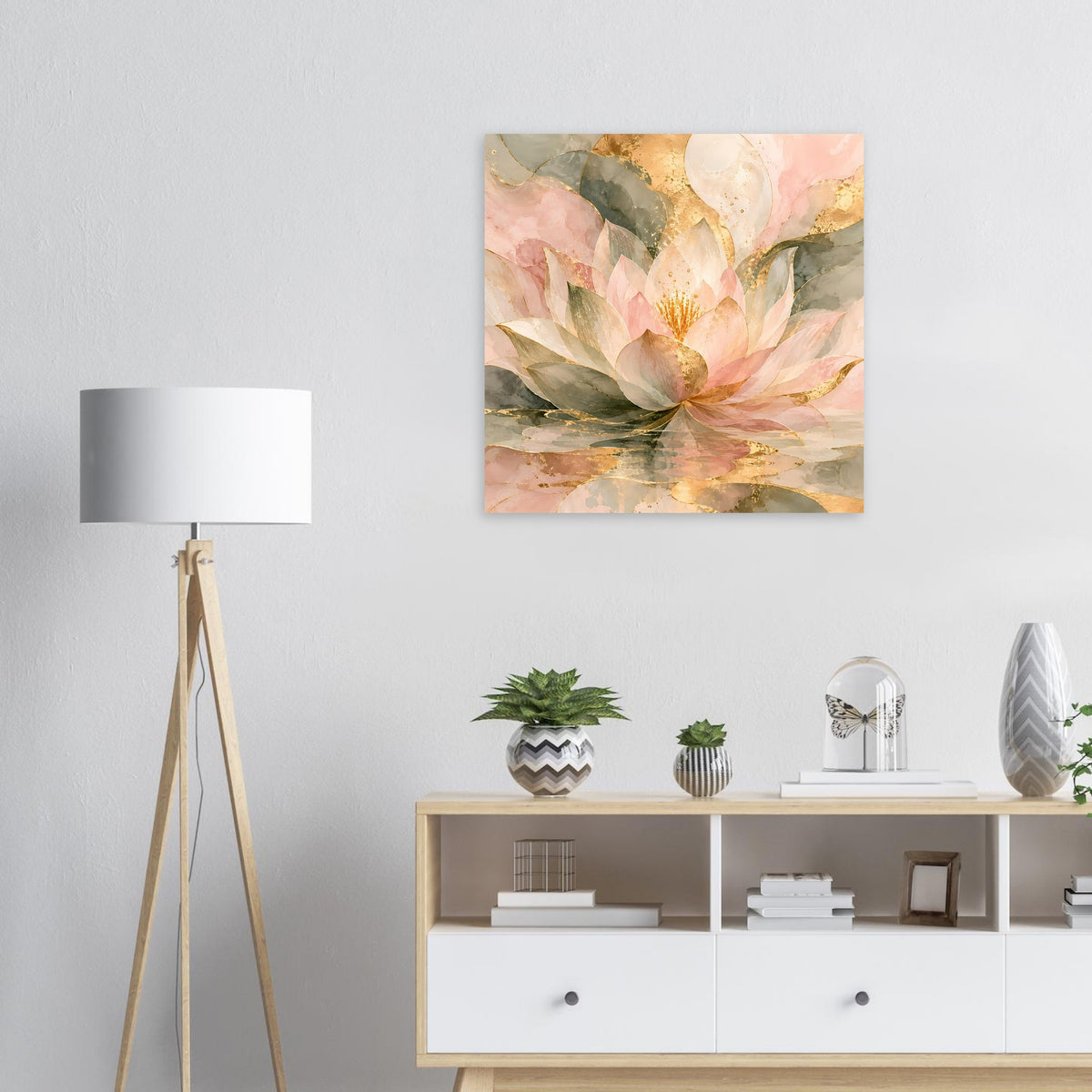 Lotusblüten-Poster in Rosé-, Gold- und Grüntönen, quadratisch