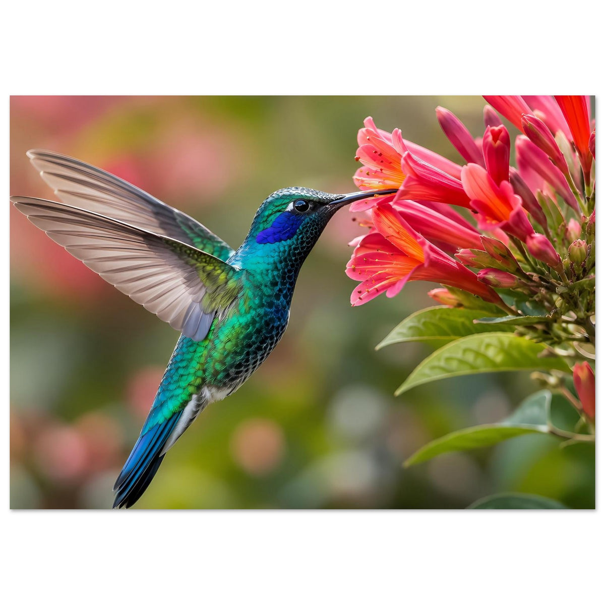Naturposter mit türkisgrünem Kolibri an rosa Blüten, Schnabel zur Blüte