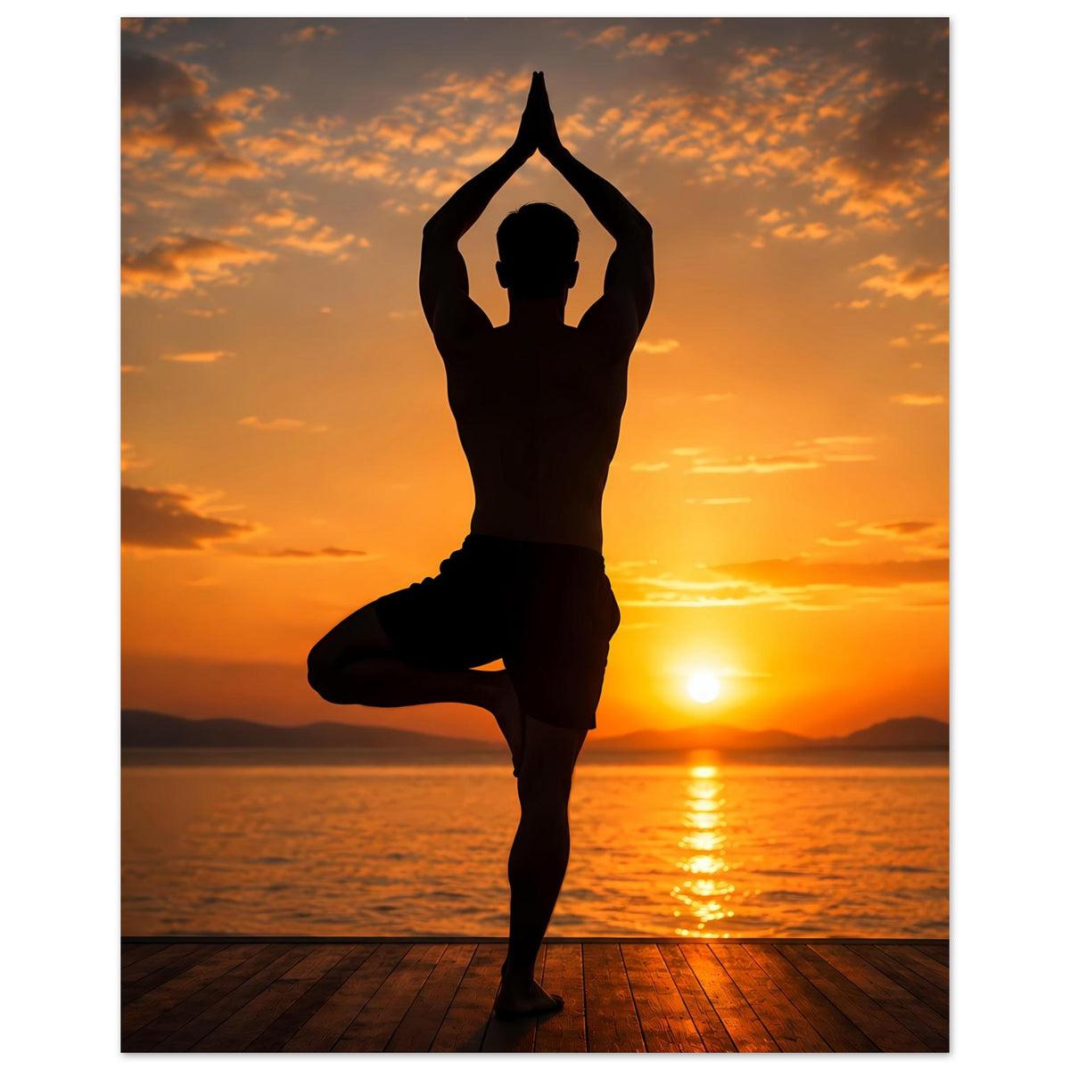 Yoga-Poster im Hochformat: einbeinige Silhouette mit verschränkten Armen über dem Kopf