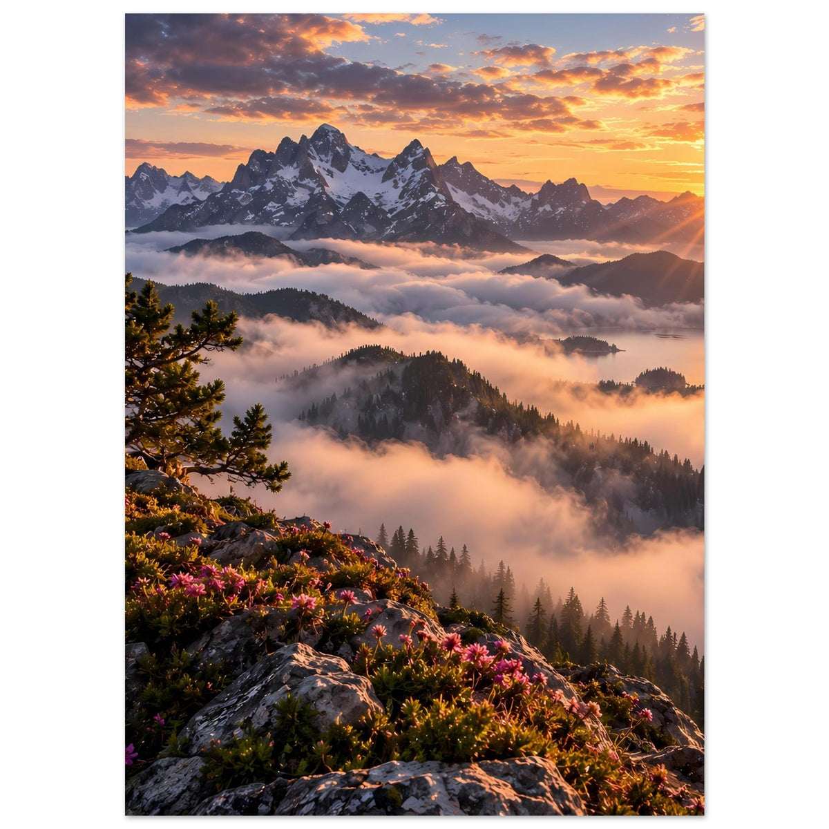 Poster mit Sonnenaufgang über den Bergen, Nebel zwischen Tälern, Fichten und Blüten