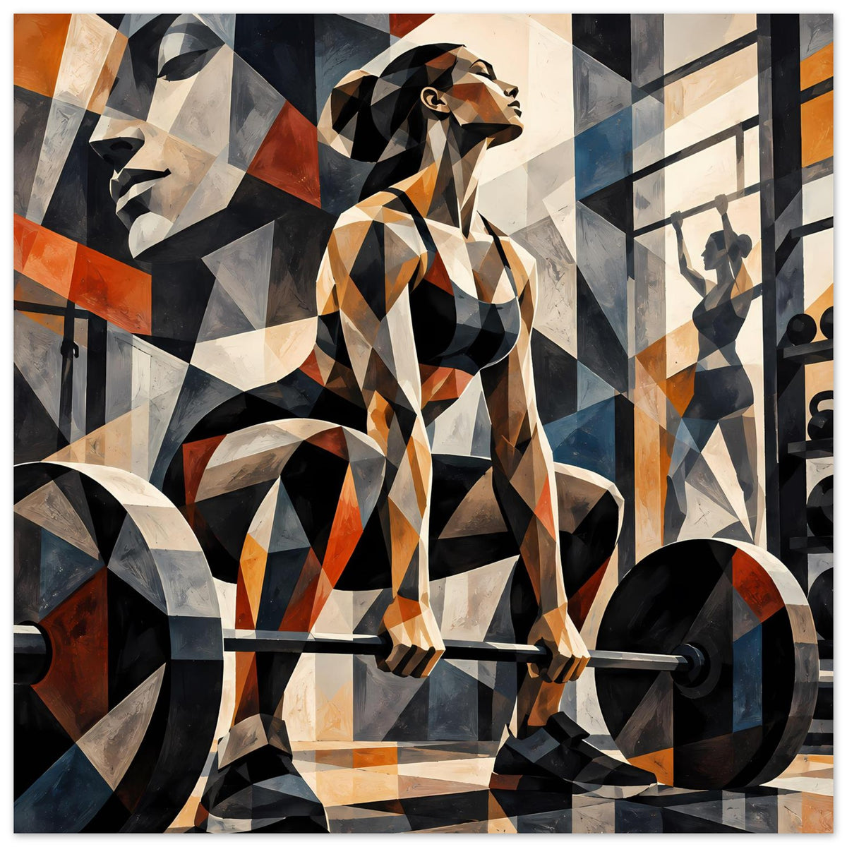 Fitness-Poster im abstrakten Stil: Person mit Langhantel vor geometrischem Muster, Schwarz-Weiß-Orange
