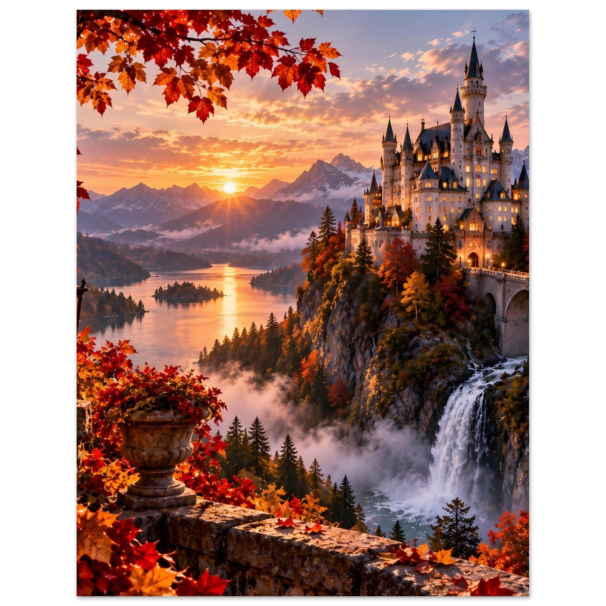 Herbstliches Schloss-Poster mit Sonnenuntergang, See, Waldnebel und Wasserfall