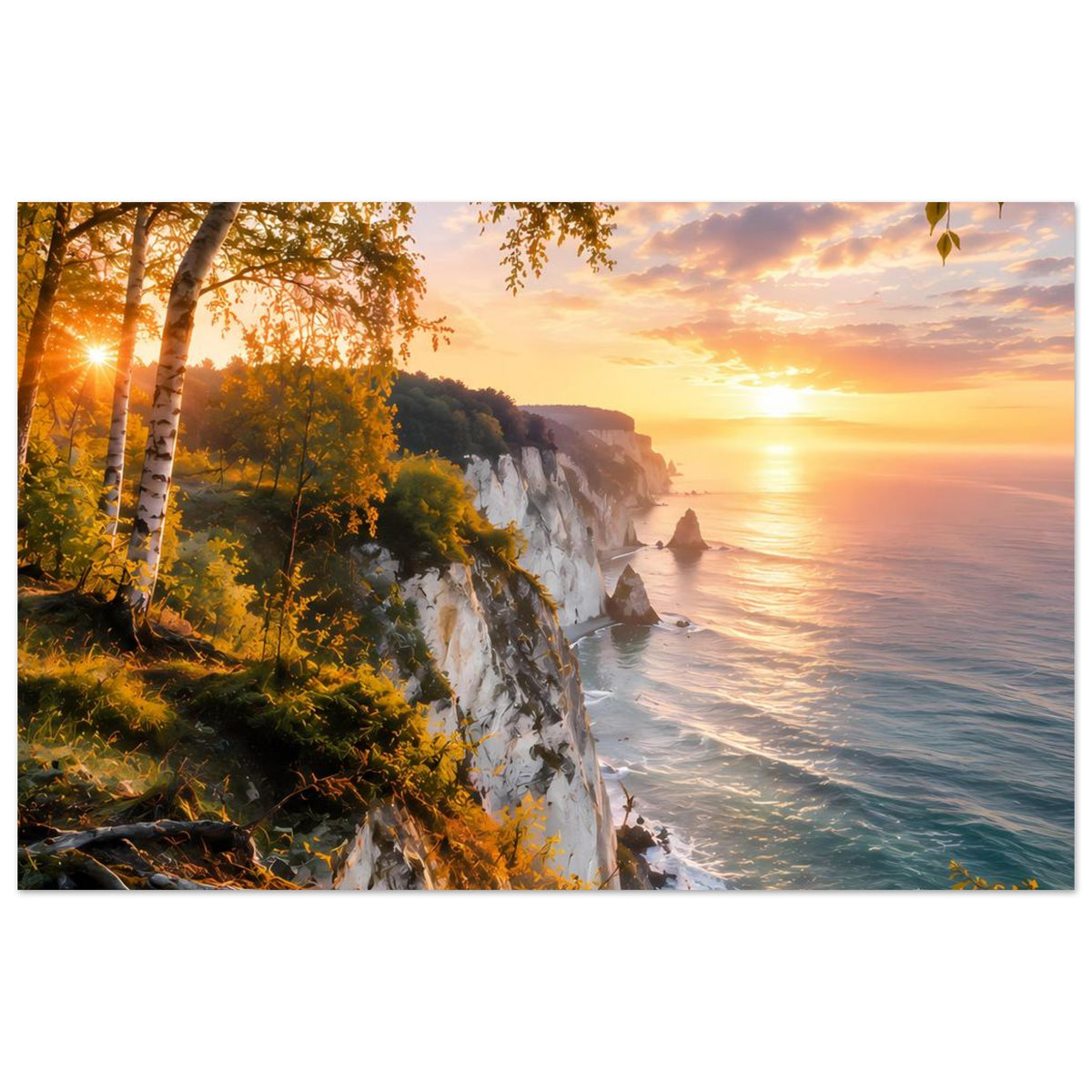 Horizontales Panorama-Poster: Klippen, Uferwald, goldener Sonnenuntergang und Brandung