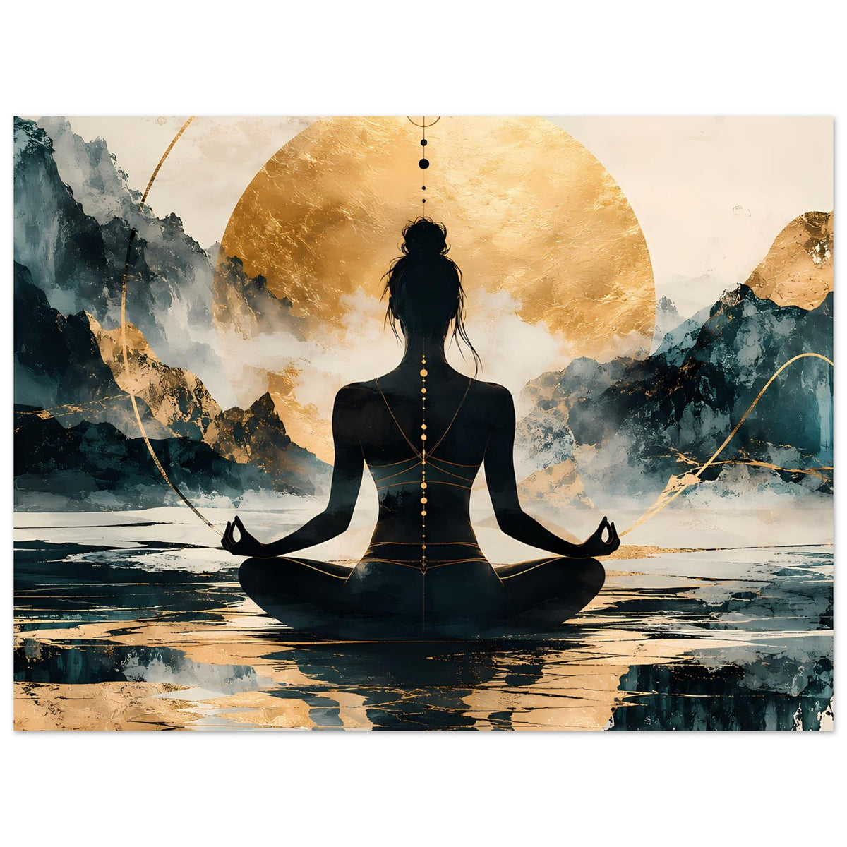 Poster im Hochformat mit Meditations-Silhouette, goldener Kreisform und Wasserreflexion