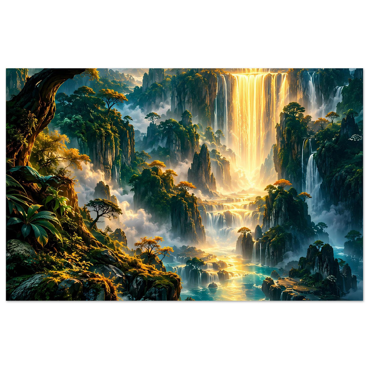 Fantasy-Landschaftsposter mit goldener Wasserfallkulisse, bewaldeten Klippen und Fluss im Vordergrund.