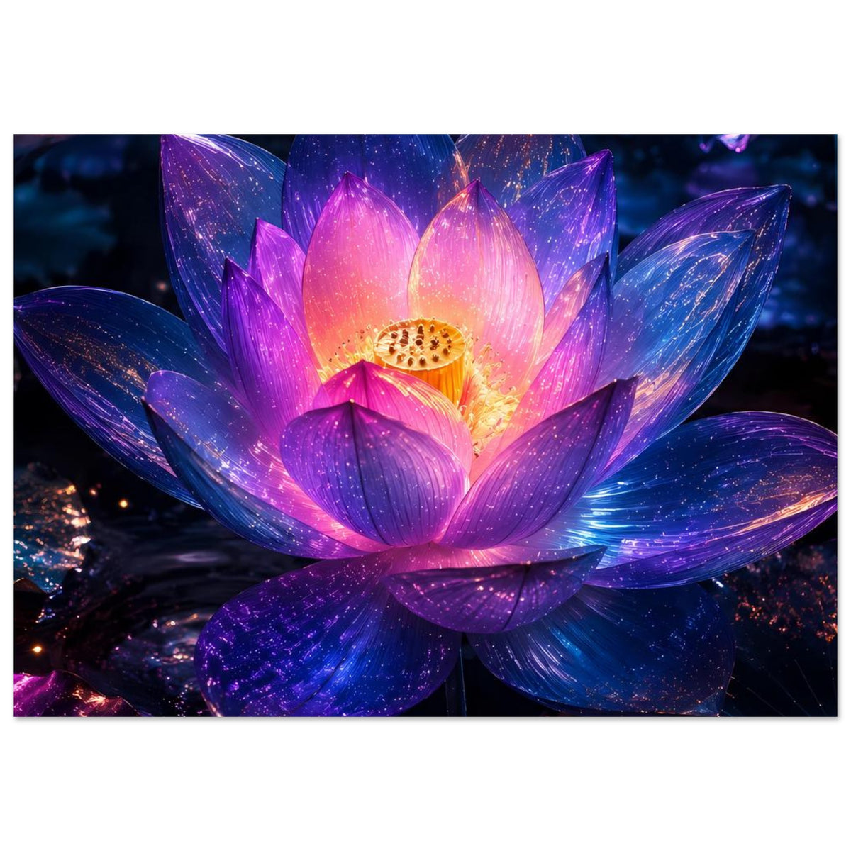 Leuchtendes Lotusblumenposter im Querformat: leuchtende Lotusblüte in Lila und Blau mit goldener Mitte