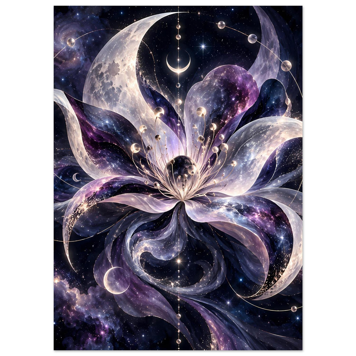 Kosmische Blüte mit Monden, Planeten und Sternen in violett-blauem Weltraum – Motivansicht 5