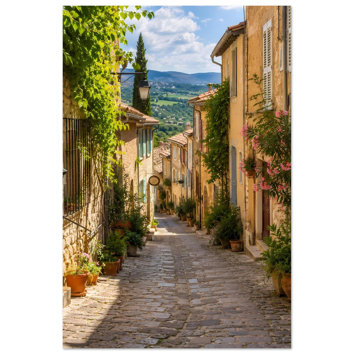 Hochformat-Posterdruck: mediterrane Gasse mit gelben Häusern, grünen Pflanzen und Blüten
