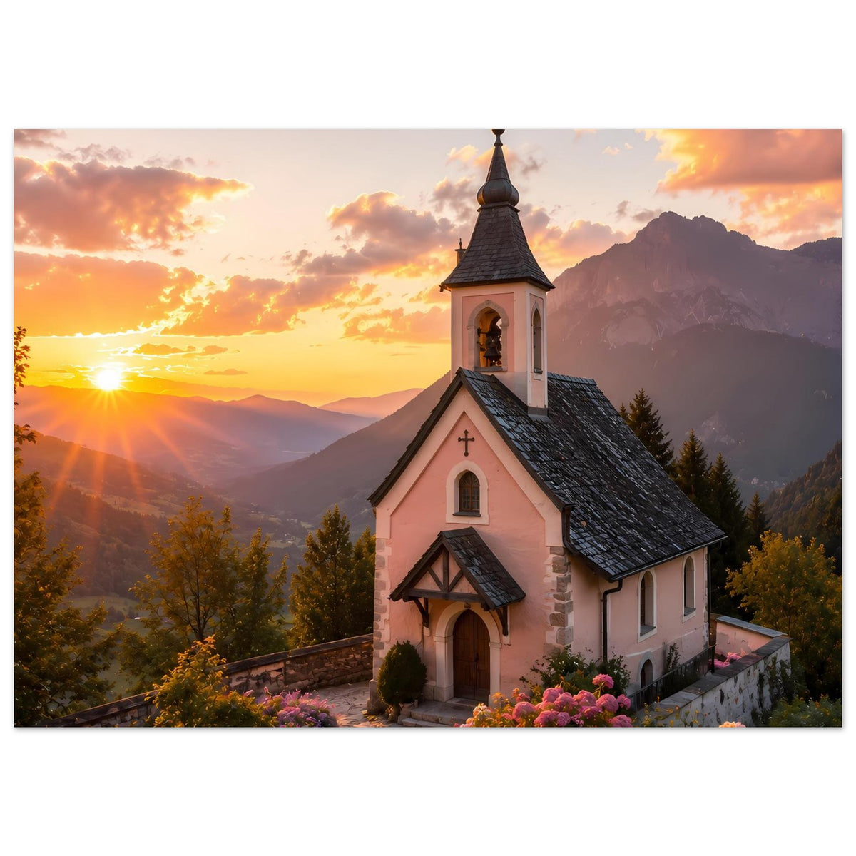 Landschaftsposter mit Kapelle bei goldenem Sonnenuntergang, Glockenturm und Blumenbeeten