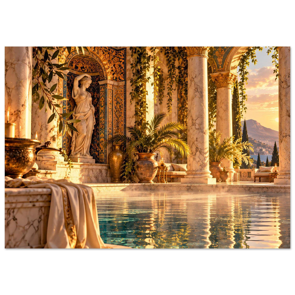 Mediterranes Pool-Poster mit Säulen, Statue und Wasseroberfläche im Rahmen
