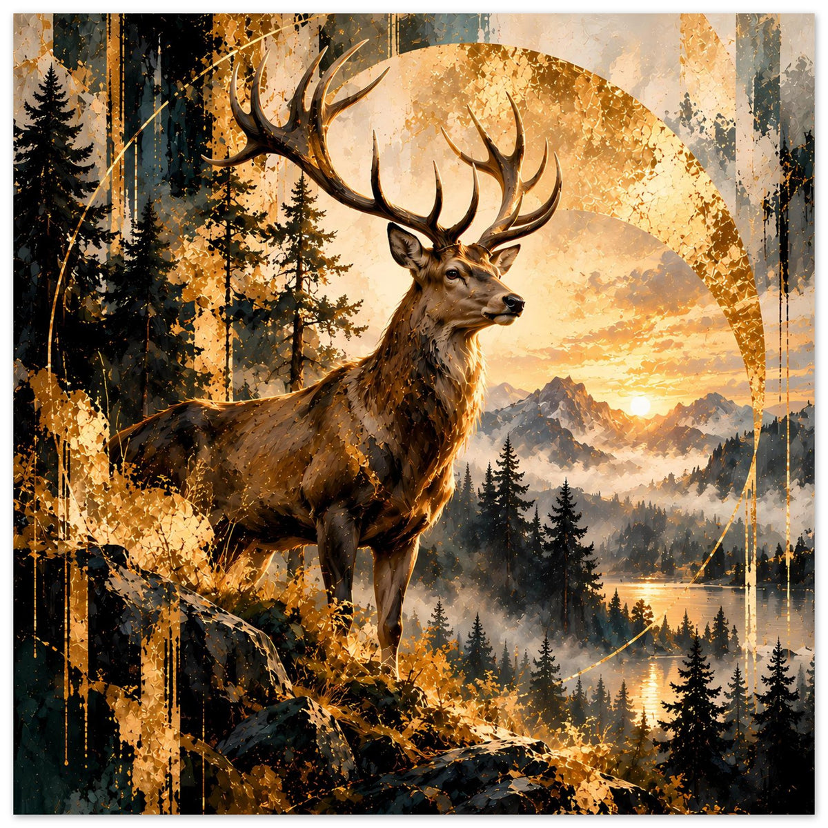 Poster mit Hirsch im Wald, Sonnenbogen über Bergen, Felsvordergrund und Tannen