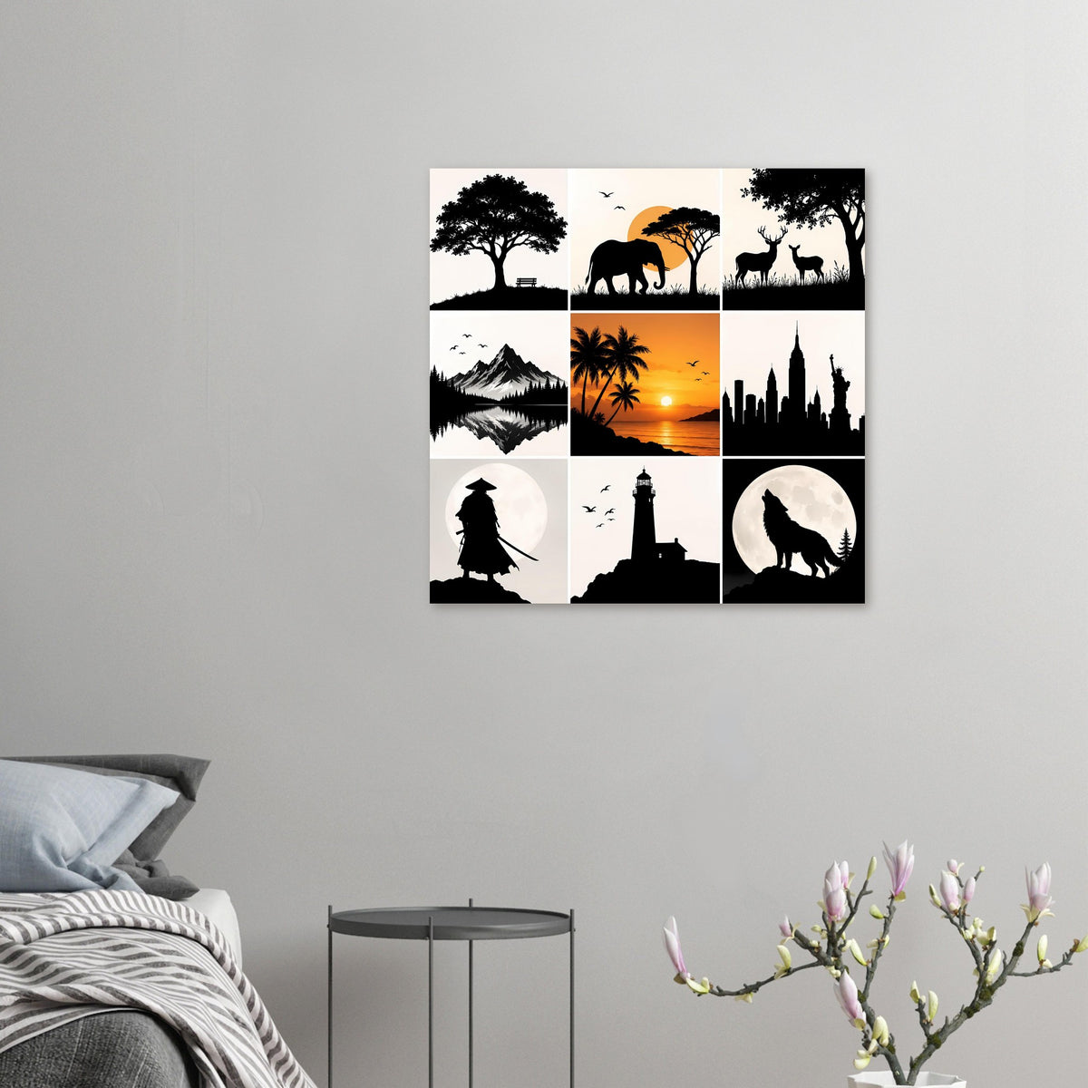 Kleines Wandposter mit 3x3 Silhouetten: Elefant, Rehe, Berge, Palmen, Leuchtturm und Wolf