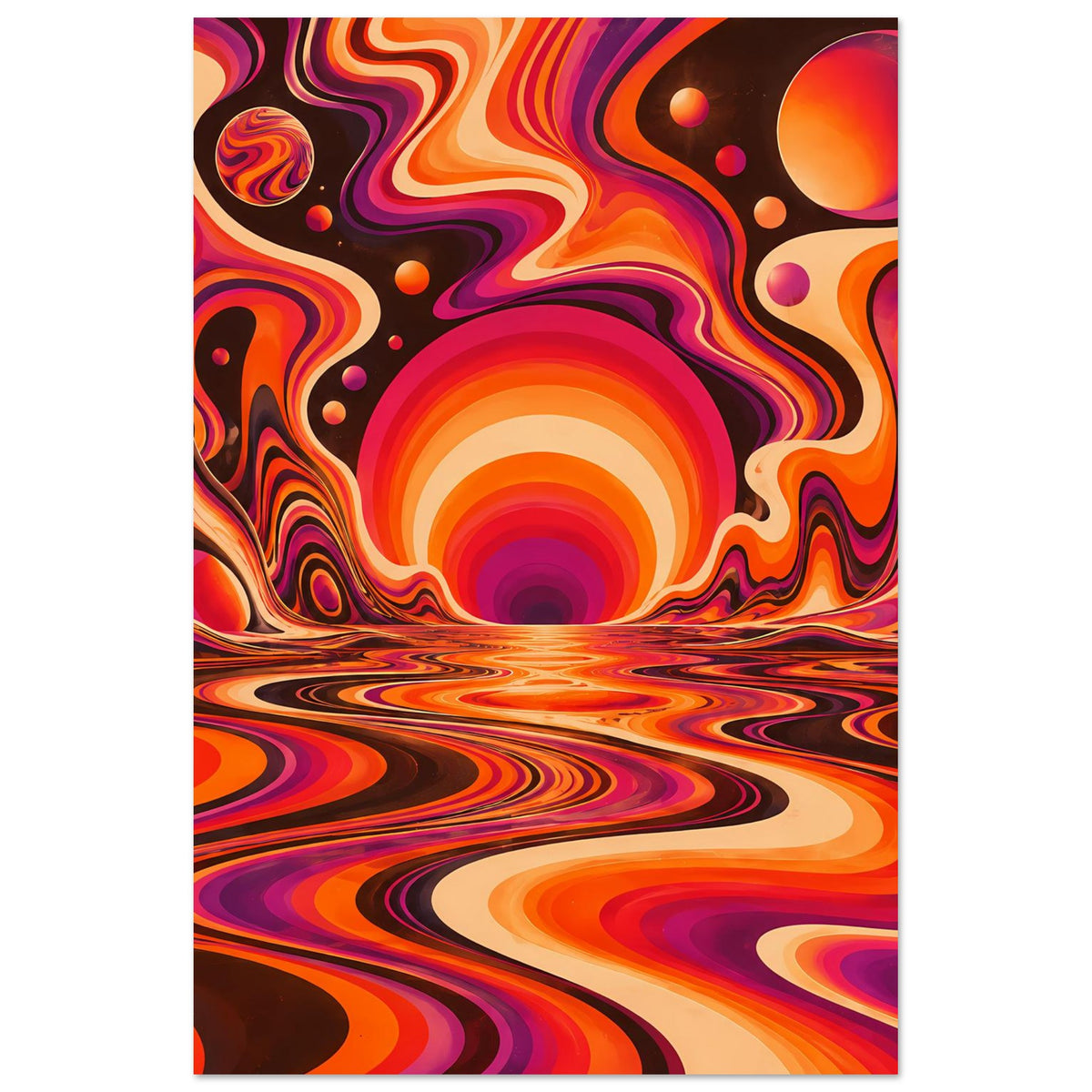 Poster mit psychedelischer Sonnenlandschaft, orange- und lila wellenförmigen Mustern