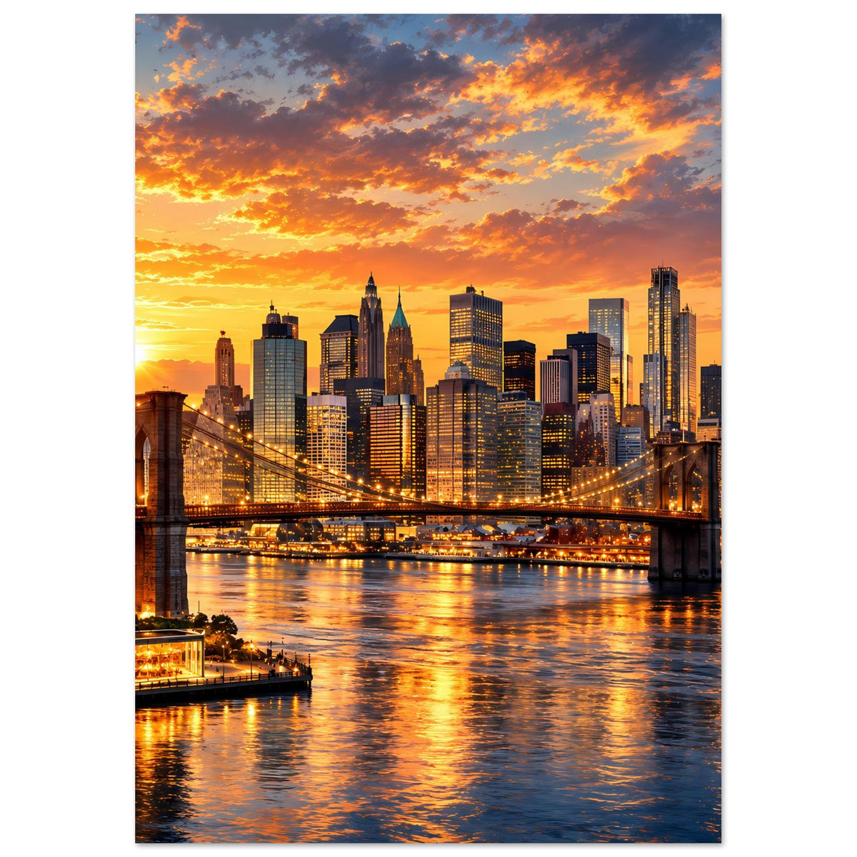 Poster mit New-York-Skyline, leuchtenden Gebäuden, Hängebrücke und Wasserreflexen