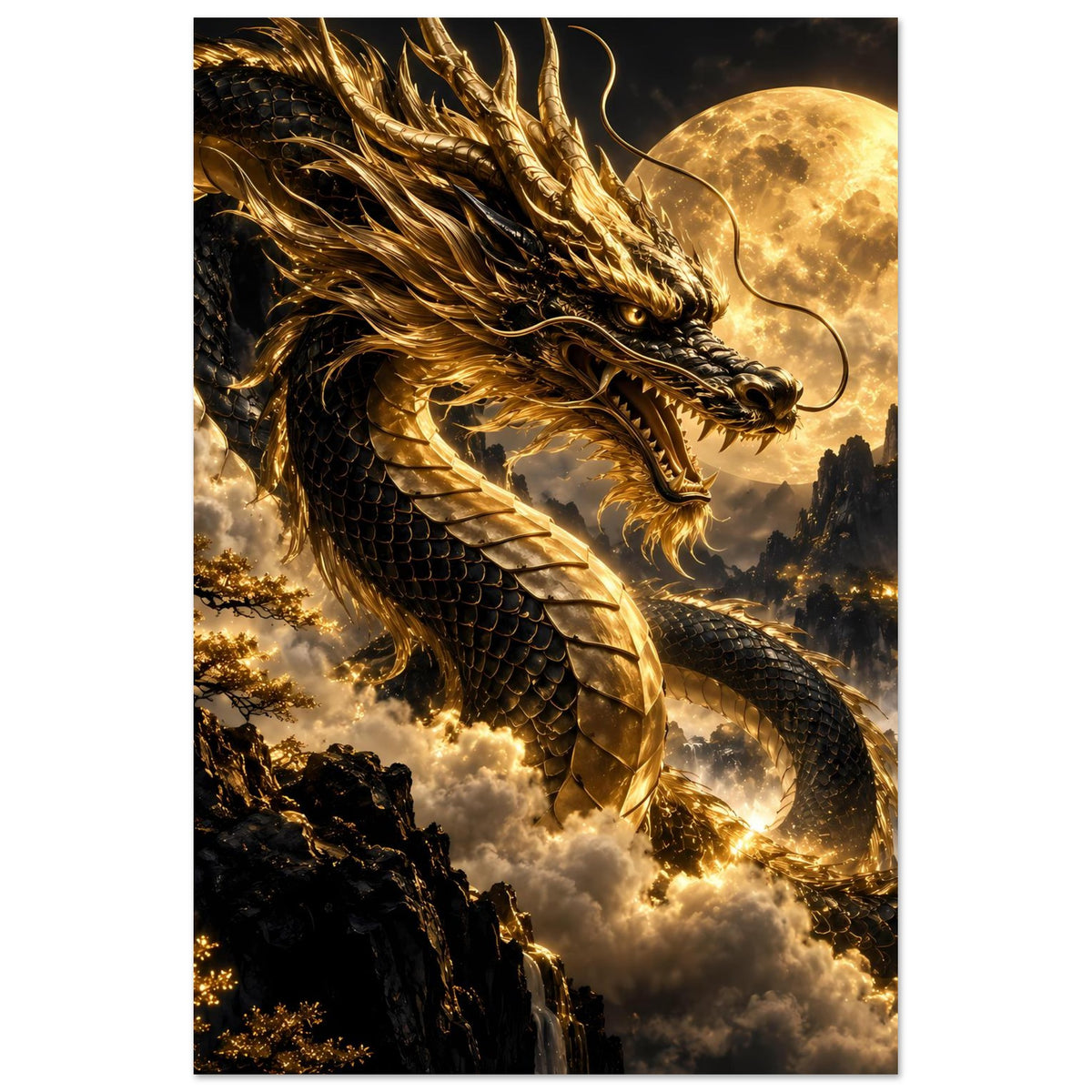 Poster mit großem goldenen Drachenkopf, dunklen Schuppen und leuchtendem Vollmond