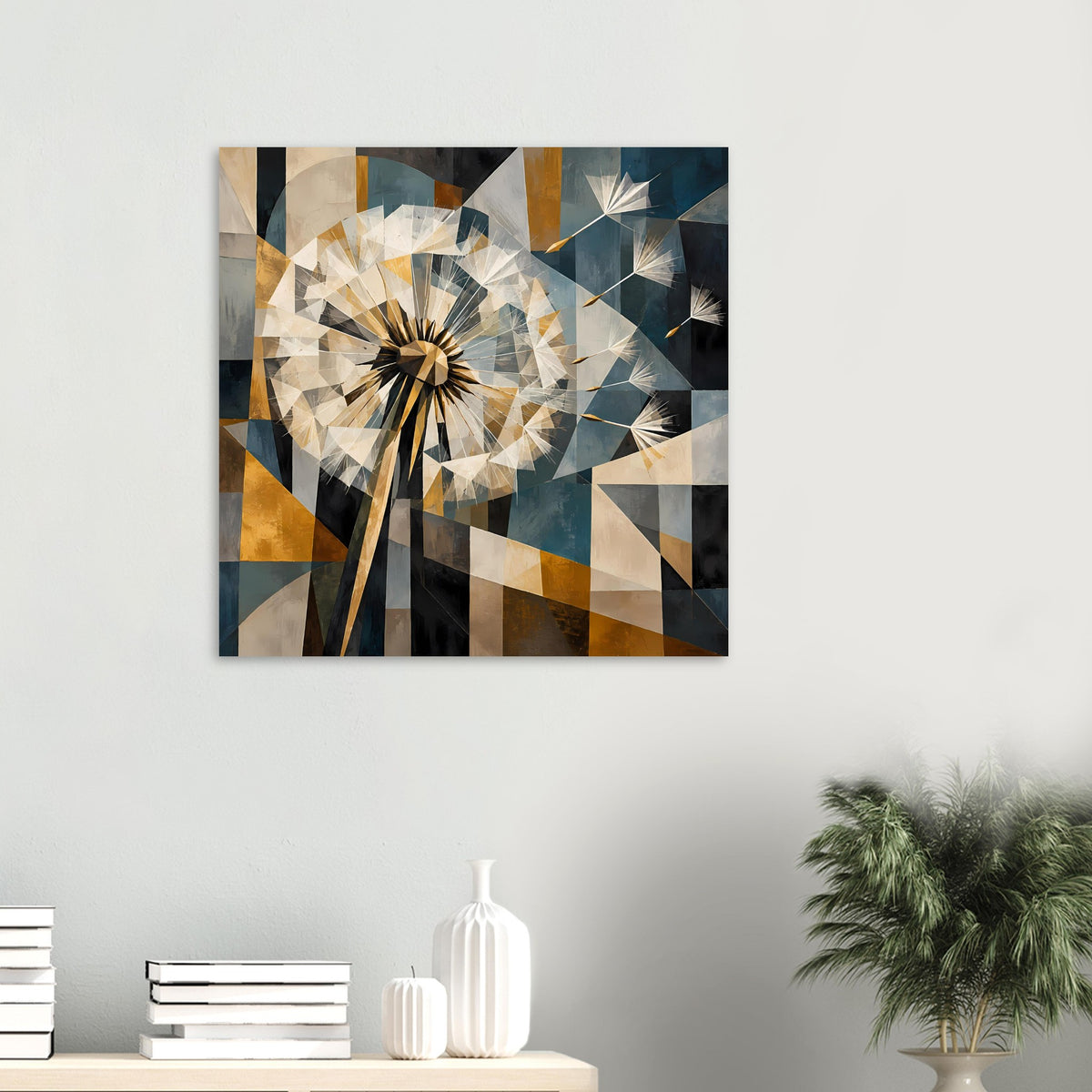 Quadratisches Geometrie-Poster mit Pusteblume aus Dreiecken, goldene Linien und blaue Flächen