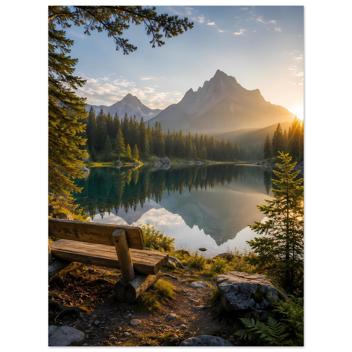 Poster mit Berglandschaft und See, Spiegelung im Wasser, Holzbank unten links, warme Sonne rechts