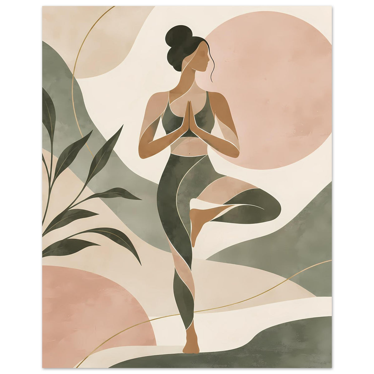 Poster mit abstrakter Yoga-Figur in Salbeigrün und Rosé