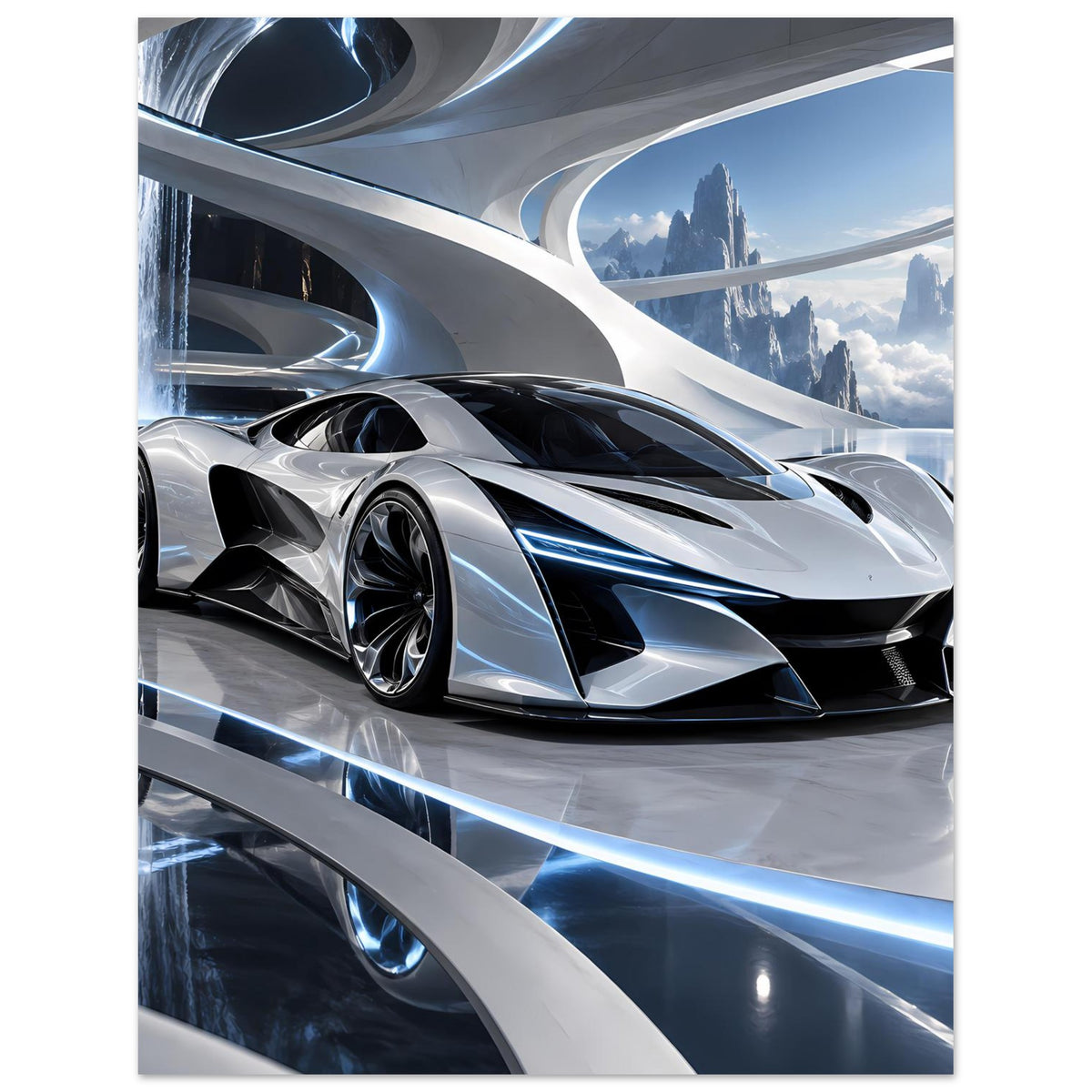 Futuristisches Auto-Poster: silberner Supersportwagen, schwarze Lufteinlässe, blaue Highlights