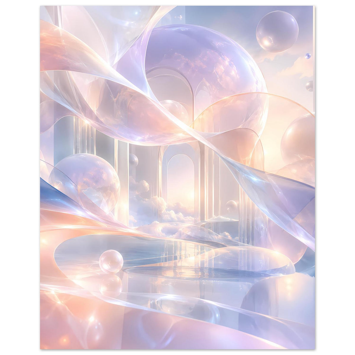Abstrakter Kunstdruck mit pastellfarbenem Himmel-Motiv, Bögen, Kugeln und Lichtbändern