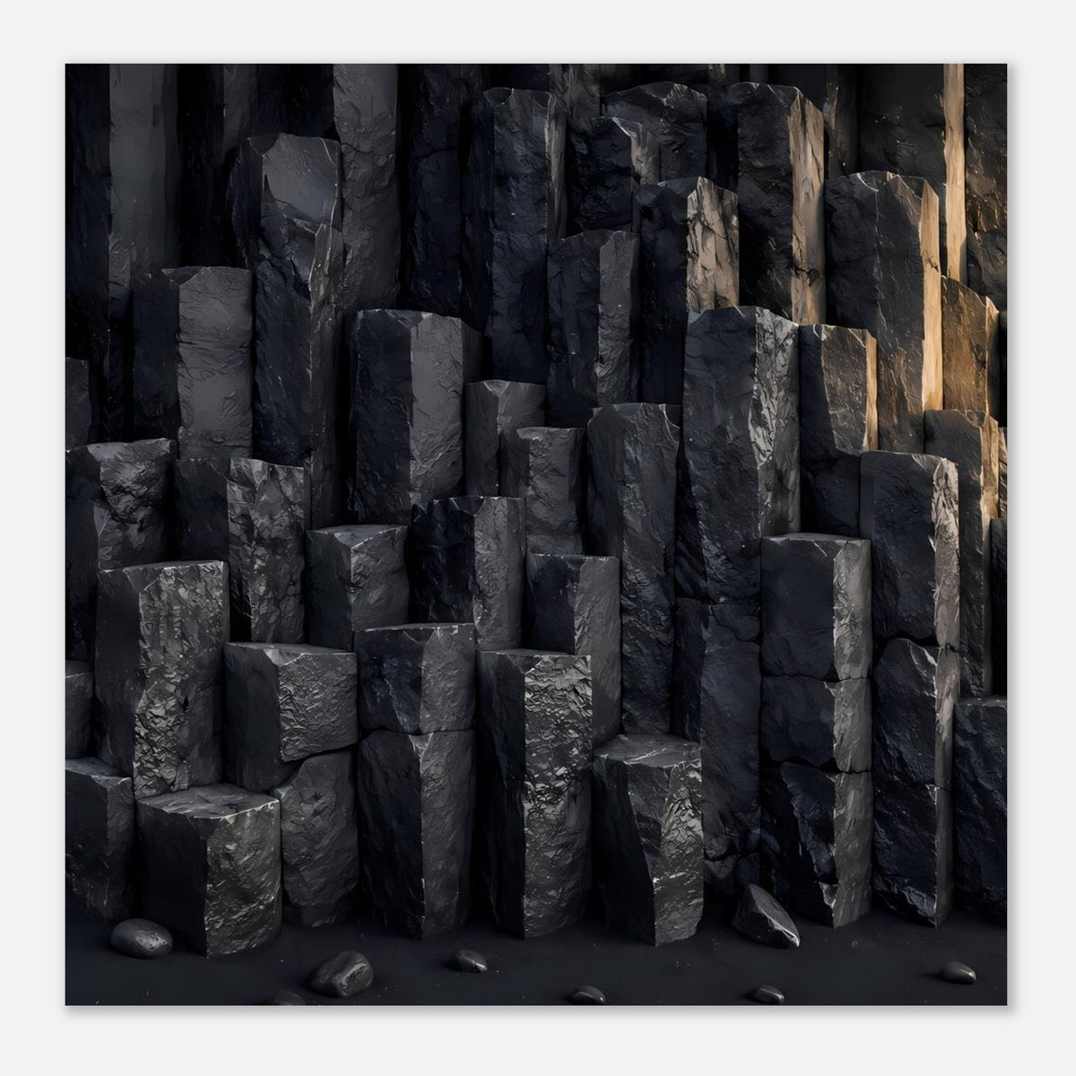 Naturposter-Detail: dunkle Basaltsäulen mit geometrischer Felsstruktur, im Rahmen