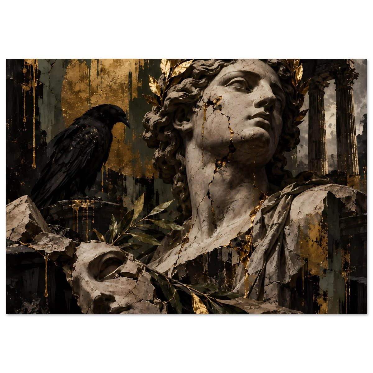 Barock inspiriertes Poster: Statue mit Lorbeerkranz und Rabe, goldene Akzente