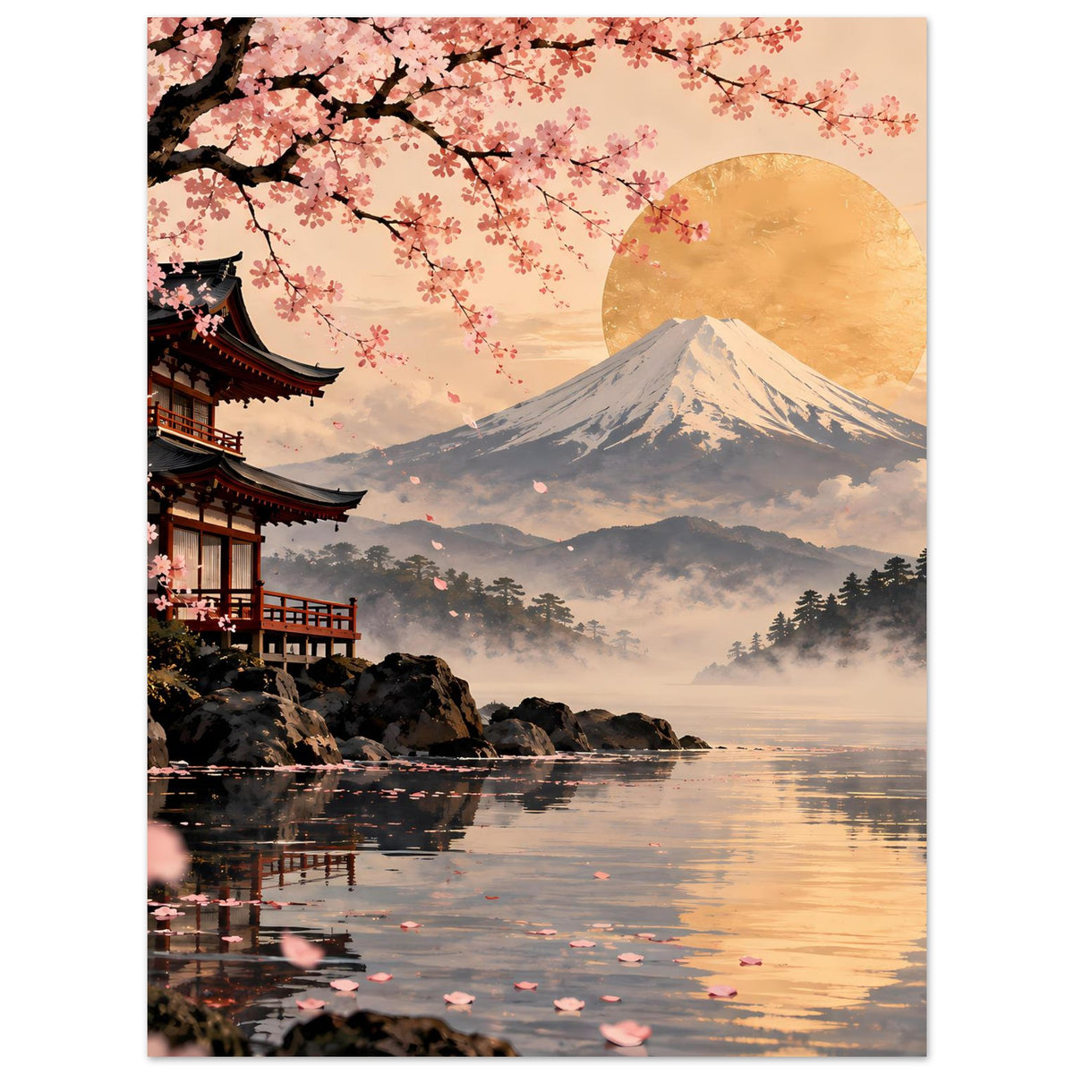 Poster mit Kirschblütenzweigen, Fuji-Berg und Abendsonne am See mit Spiegelung
