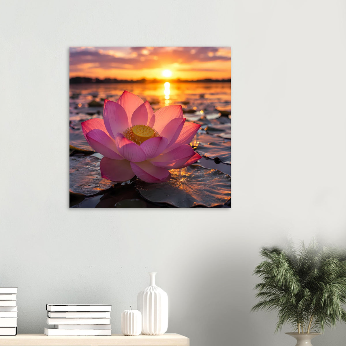 Quadratisches Wandposter mit rosa Lotusblüte, goldenem Sonnenuntergang über Wasser und schwarzem Rand