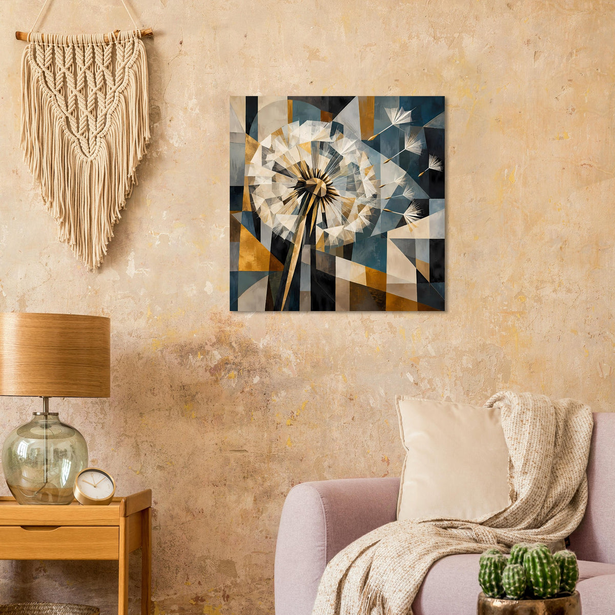 Quadratisches Poster mit geometrischem Löwenzahnmotiv in Beige, Blau und goldenen Akzenten