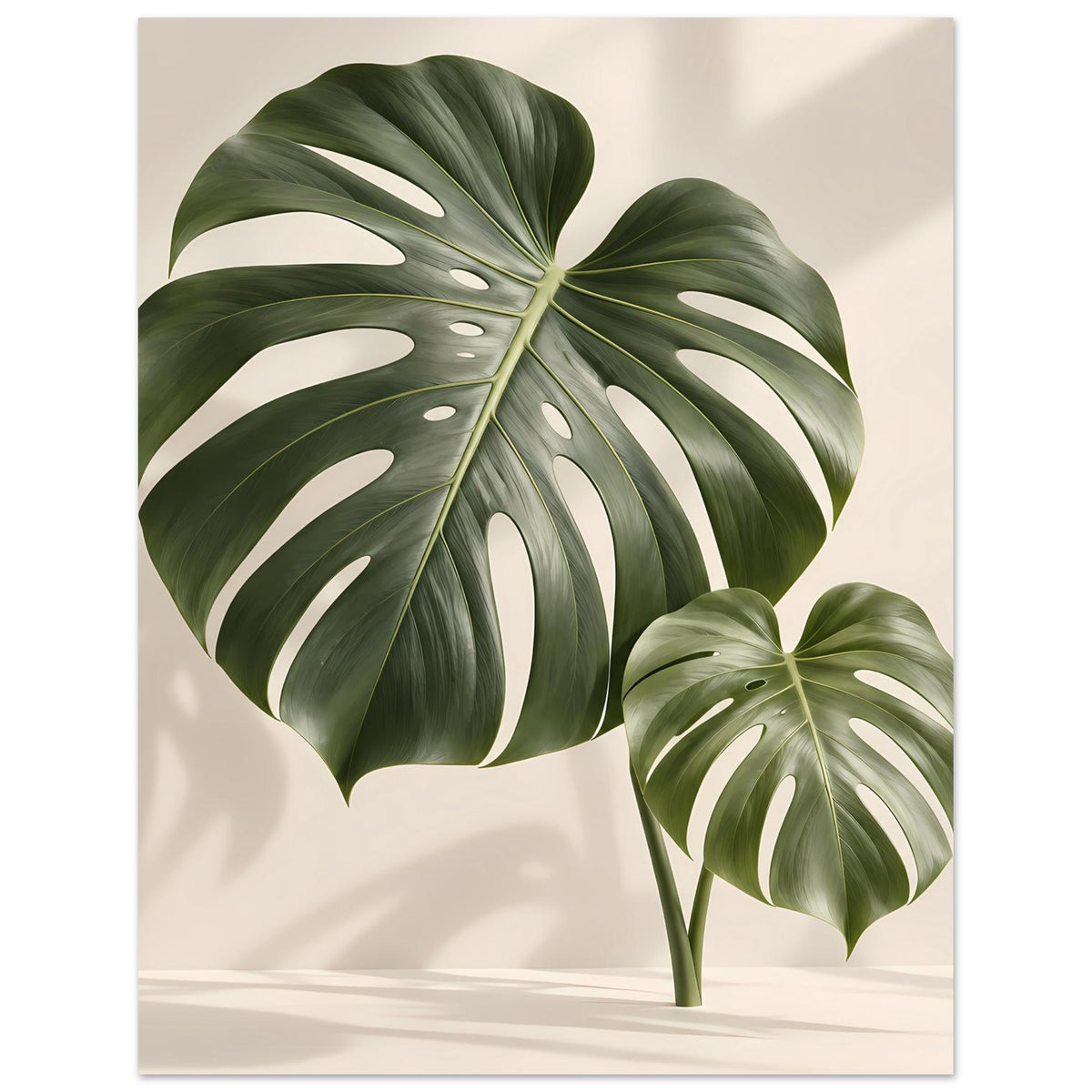 Poster mit Monstera-Blättern, großes Blatt mittig links und kleineres Blatt rechts unten