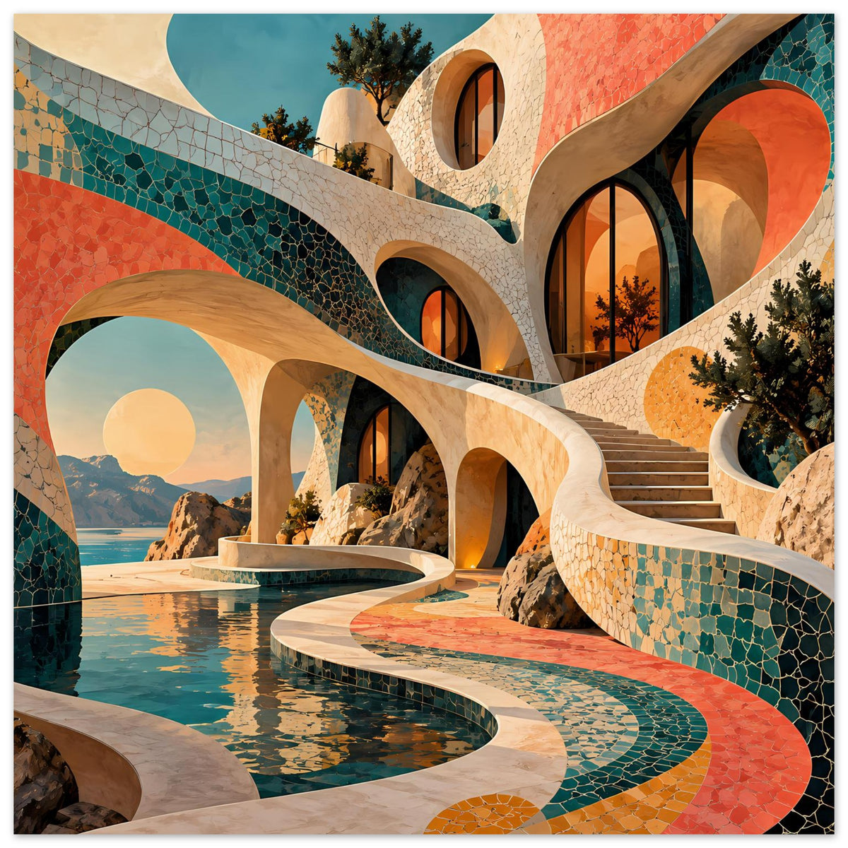 Kunstposter mit detailreicher Mosaik-Architektur: Bögen, Pool und türkis-korallenfarbene Akzente